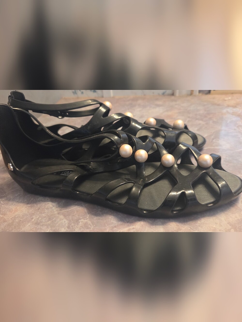 Melissa Black Sandals with Pearl Buttons - Picture 4 of 6